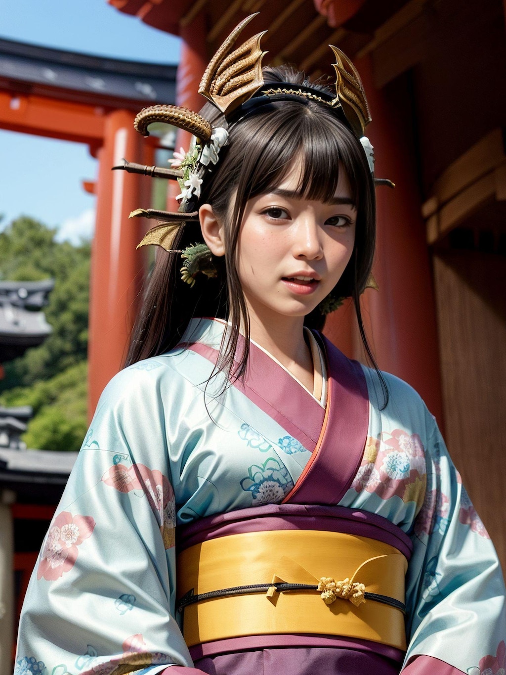 "竜の髪飾りと着物美女"