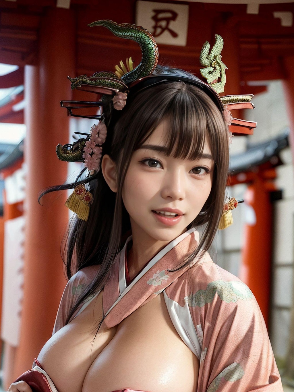 "竜の髪飾りと着物美女"