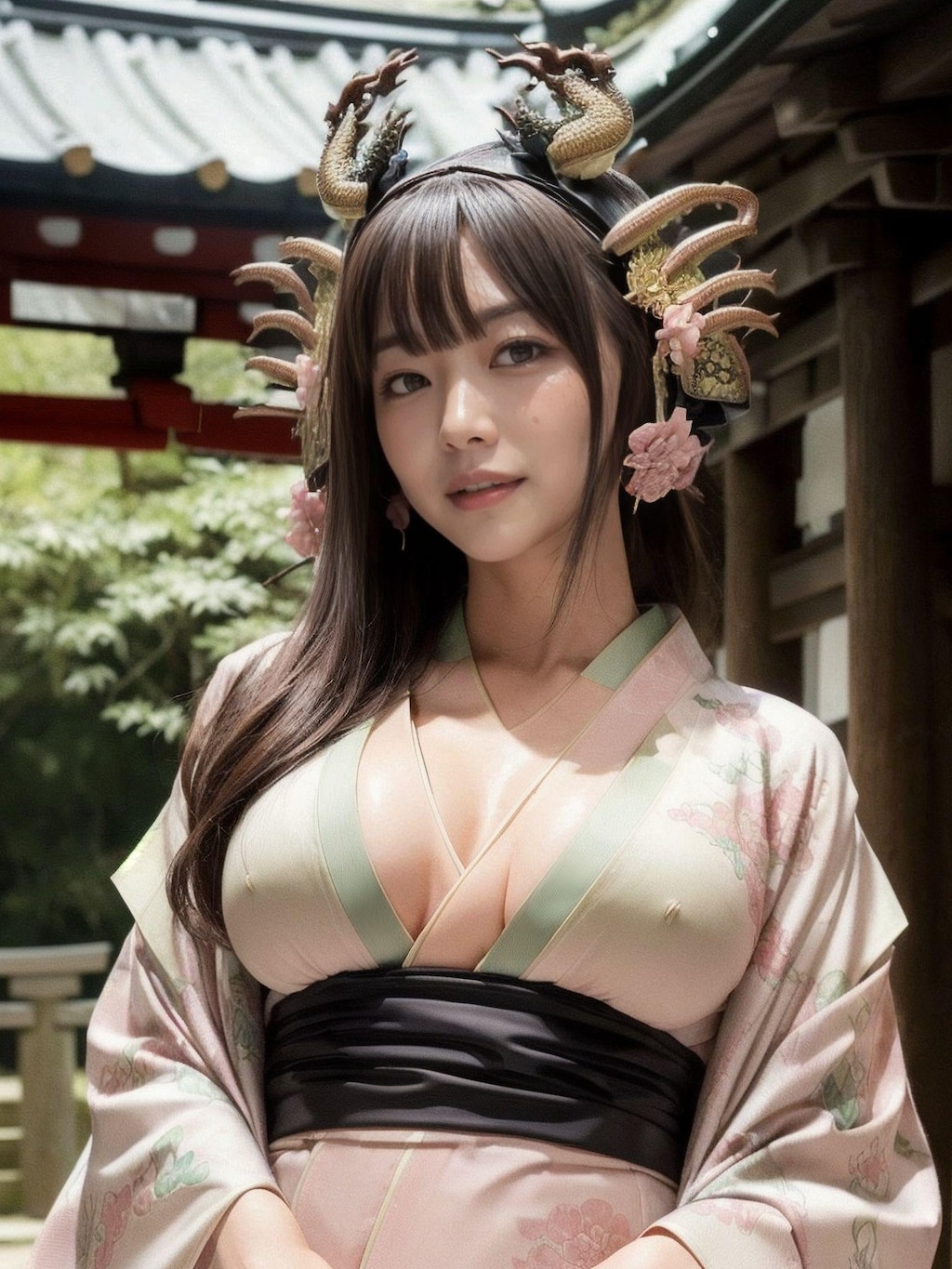 "竜の髪飾りと着物美女"