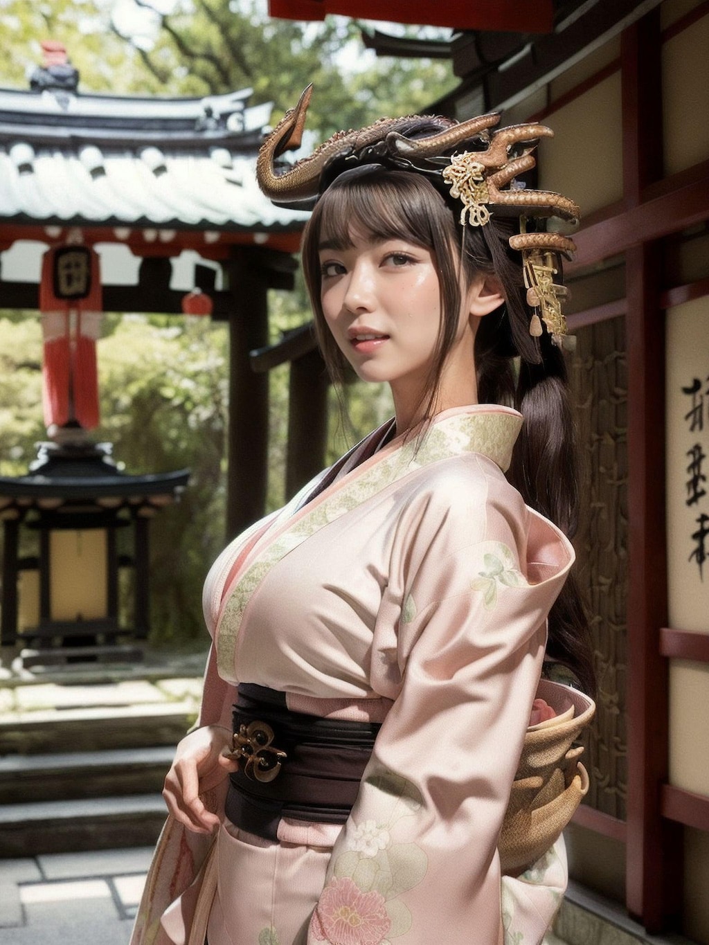 "竜の髪飾りと着物美女"