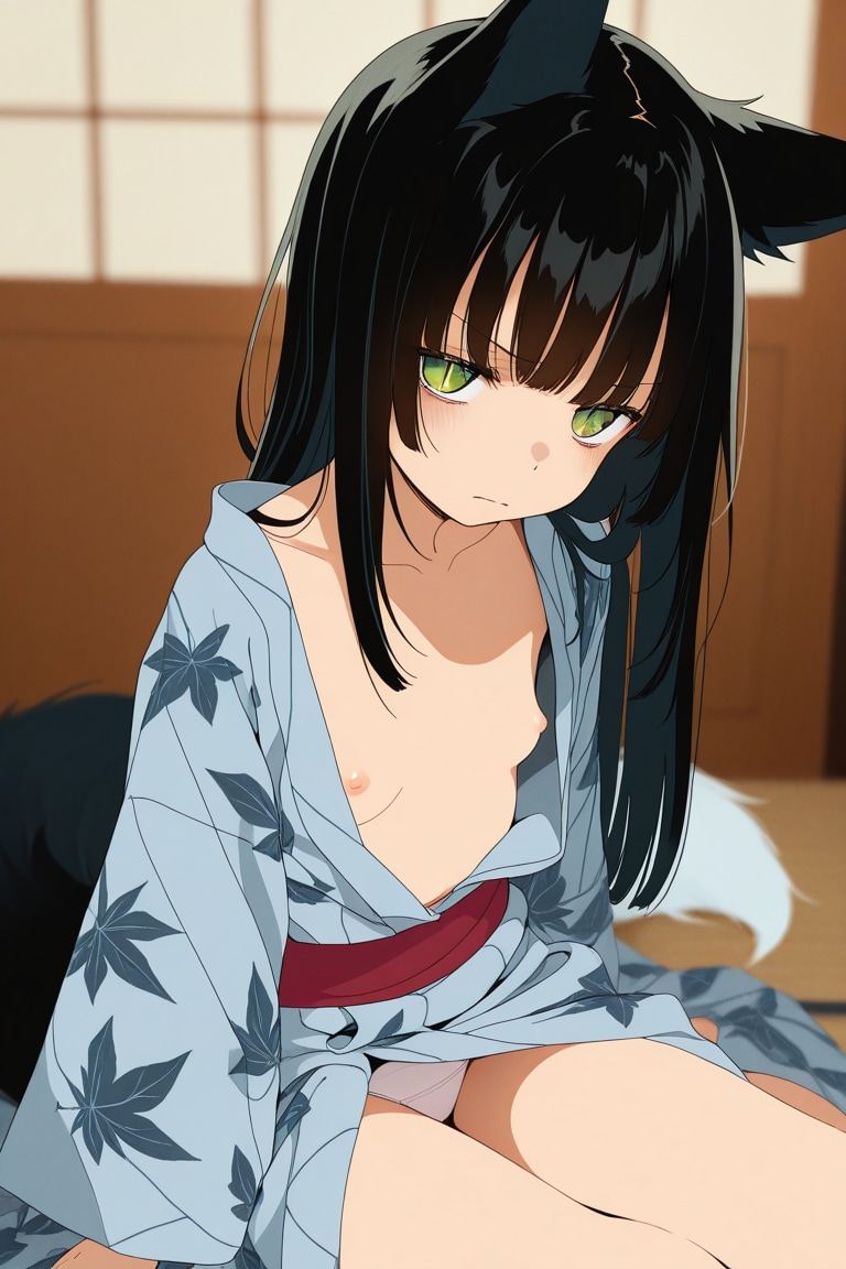 浴衣がはだける黒狐娘ちゃん