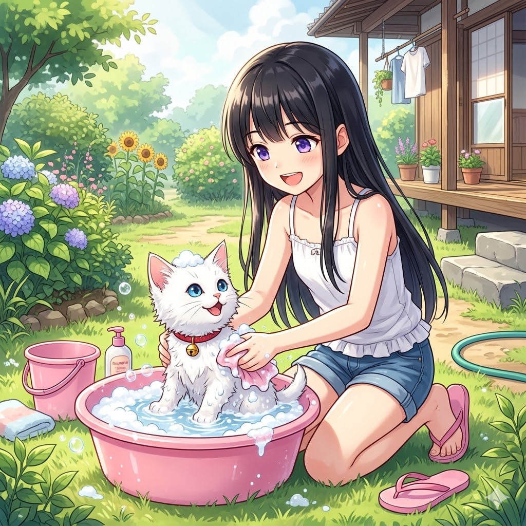 子猫をシャンプーするししょちゃん