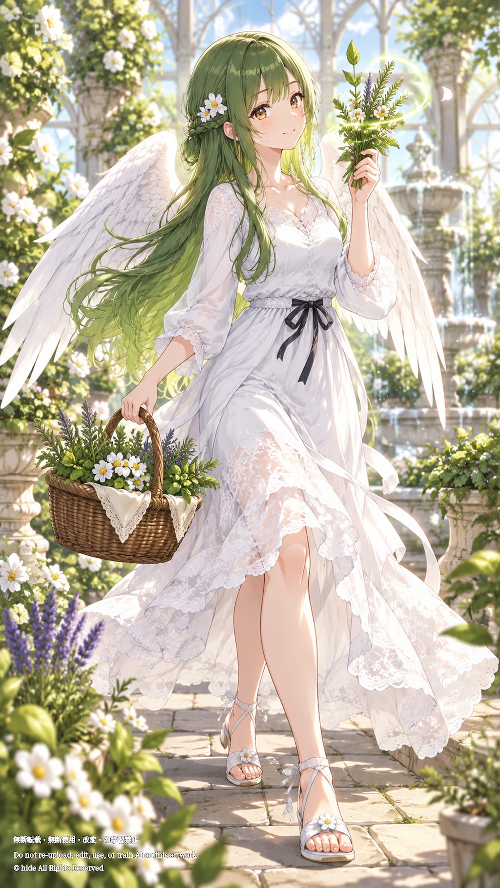ラファエルさん、緑の庭で花を手に