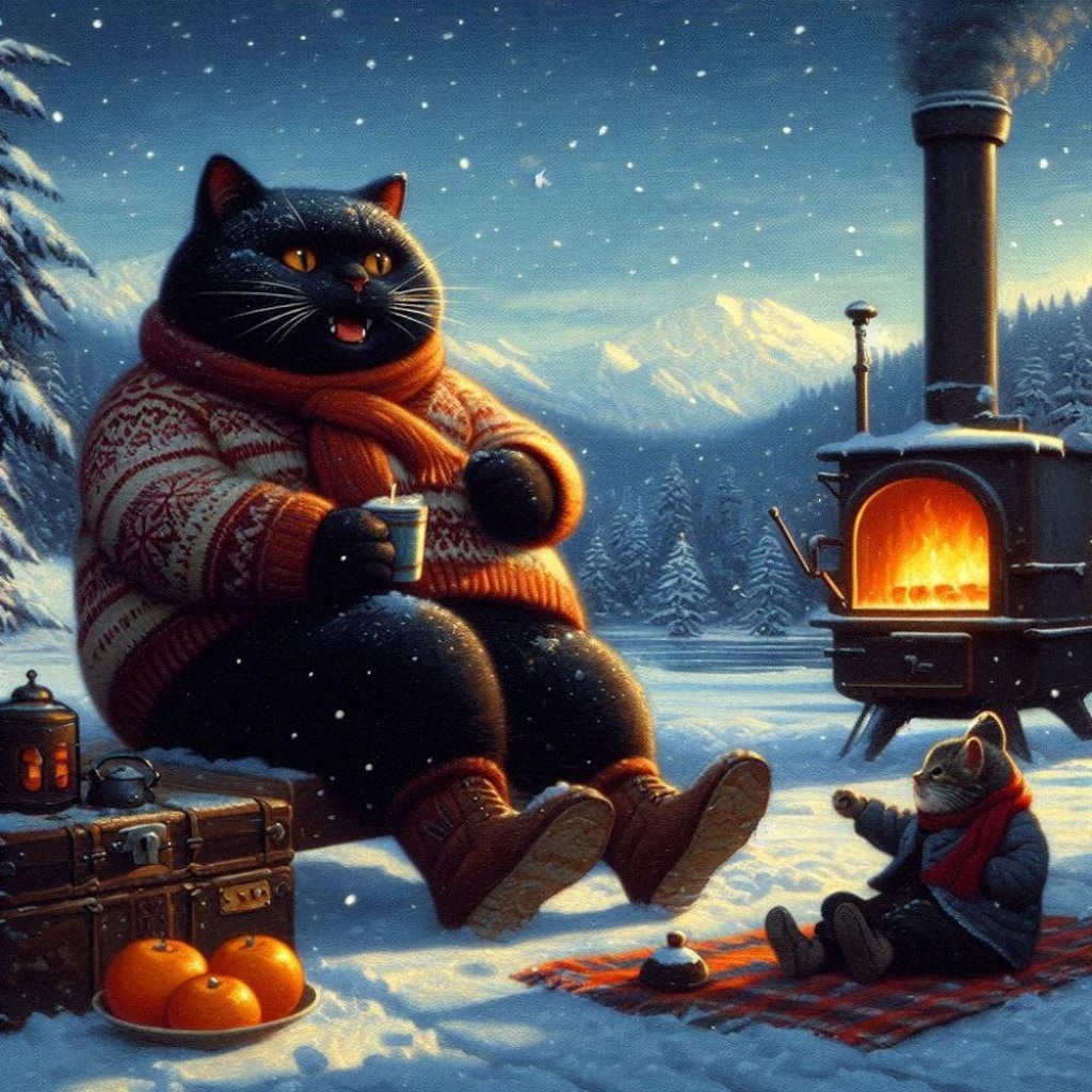 油絵ファンタジー、冬休みの黒猫