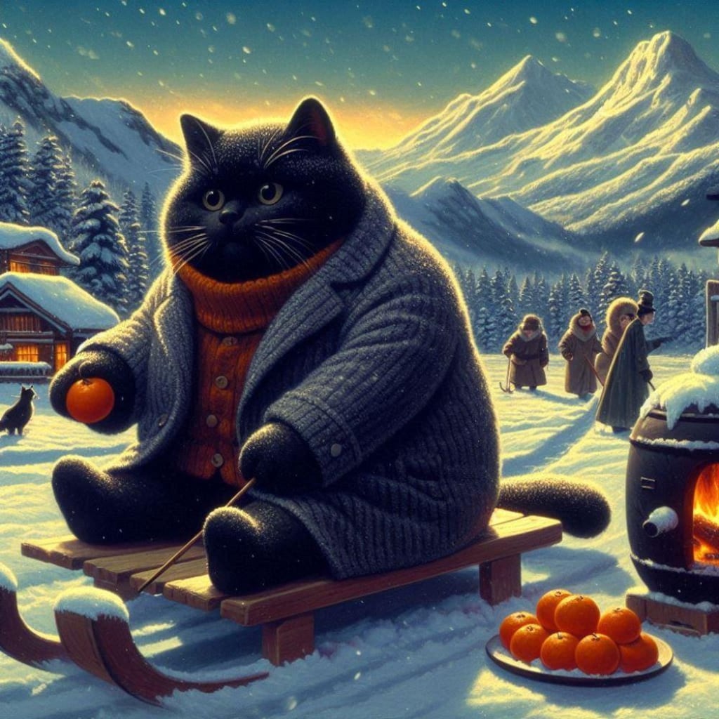 油絵ファンタジー、冬休みの黒猫