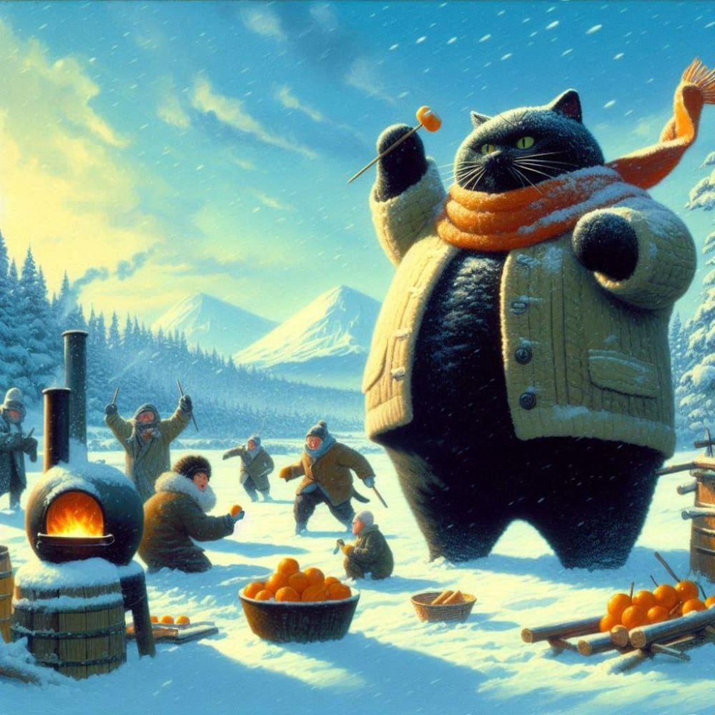 油絵ファンタジー、冬休みの黒猫