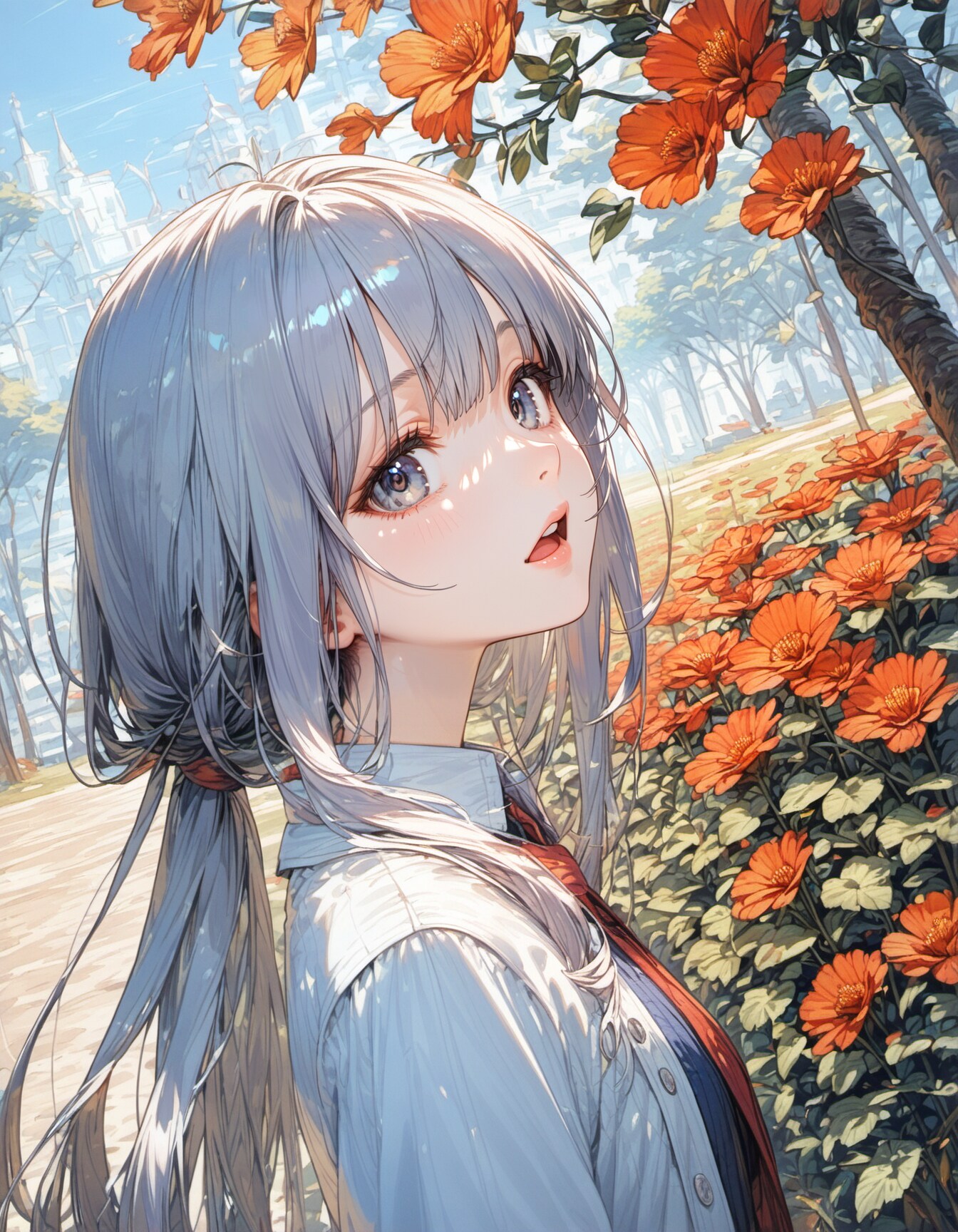 Silver Hair and Orange Flowers | の人気AIイラスト・グラビア