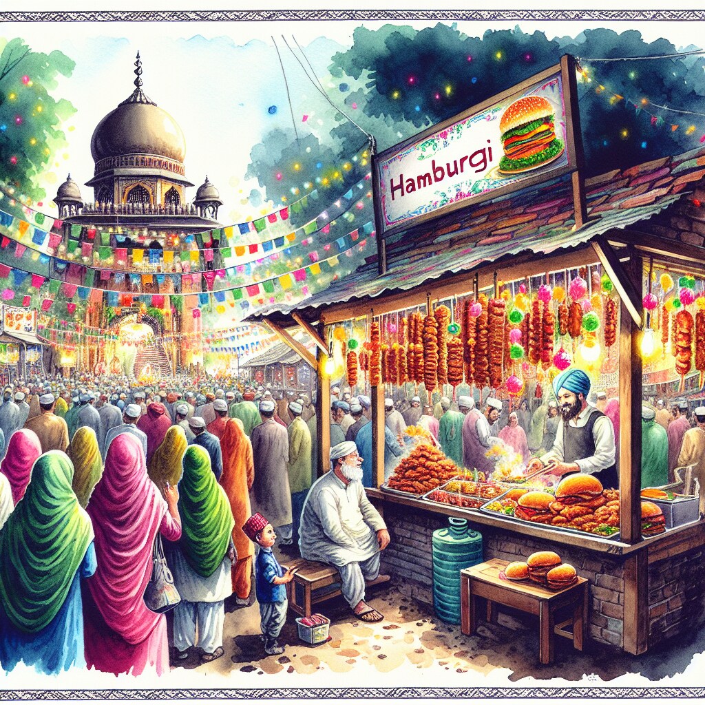 6月31日の神社のお祭りの屋台で売られているハンバーギ　2