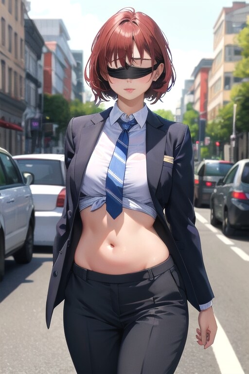 へそ出しスーツOLの目隠し