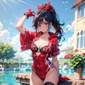 赤い水着のポニーテール美女 2枚目