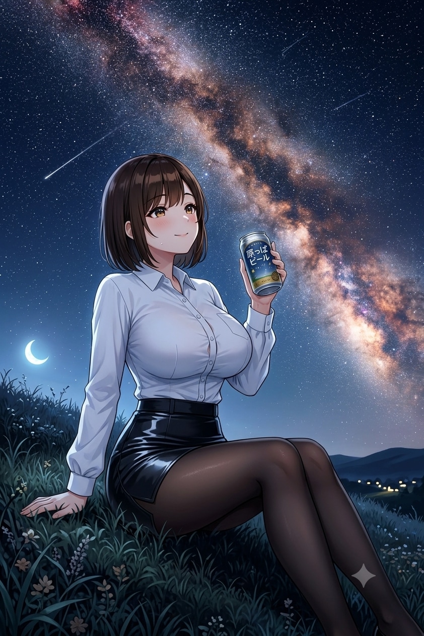缶ビール片手に星空を眺めるアキちゃん