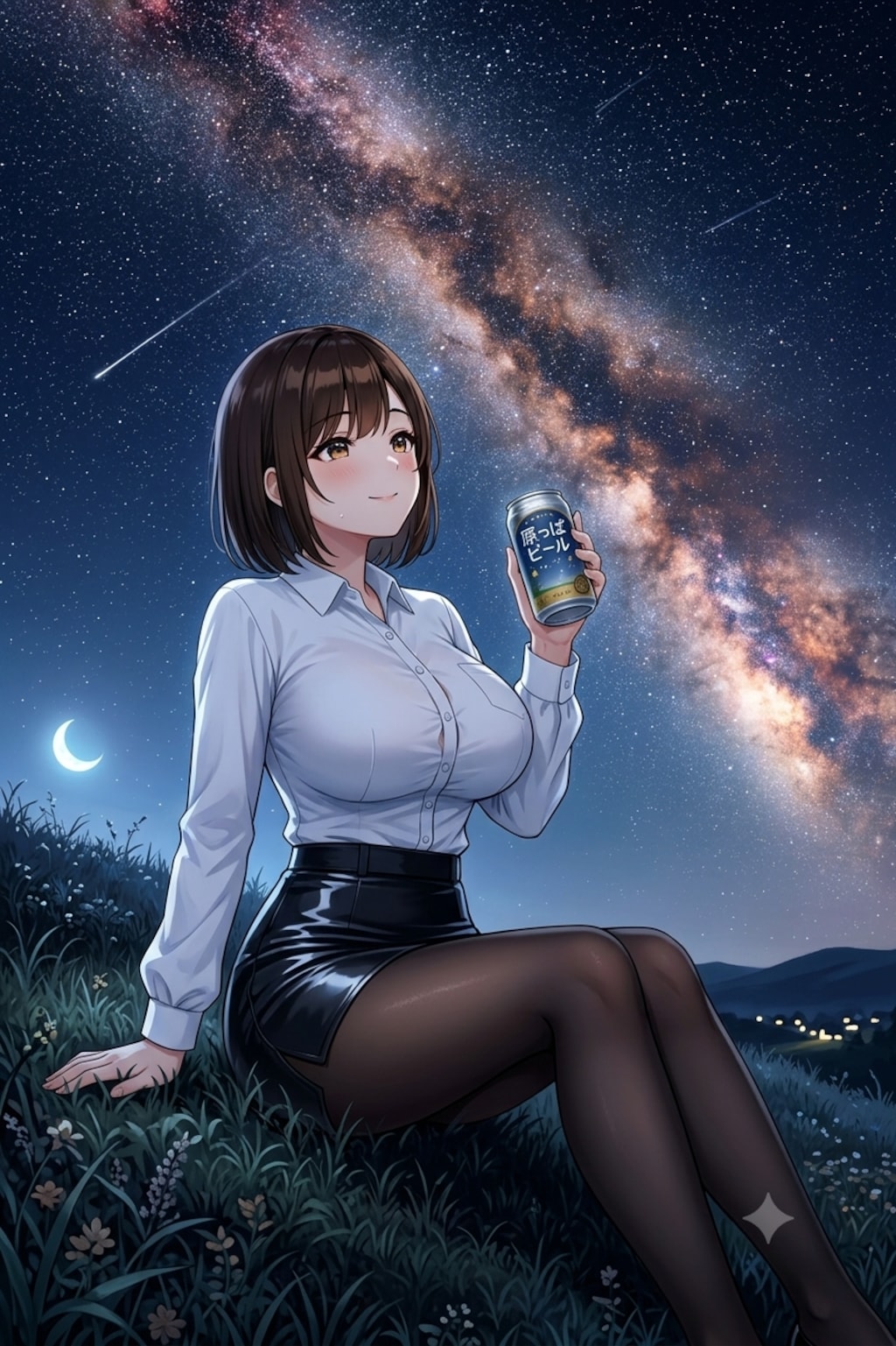 缶ビール片手に星空を眺めるアキちゃん