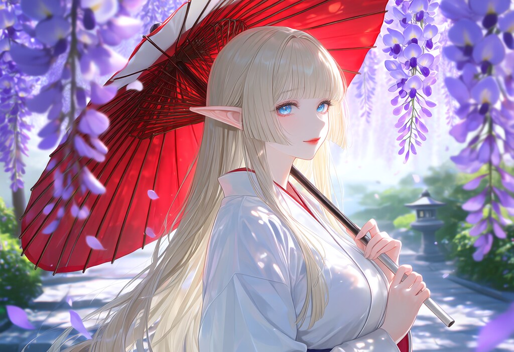 藤の花と和傘