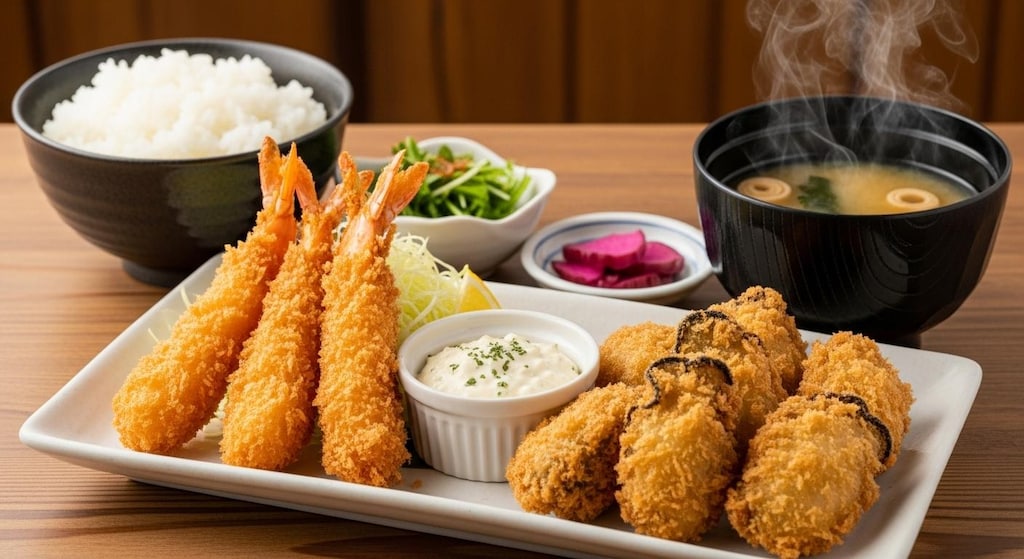 摩訶不思議食堂のエビフライと牡蠣フライの定食タルタルソース付き