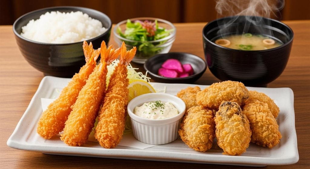 摩訶不思議食堂のエビフライと牡蠣フライの定食タルタルソース付き