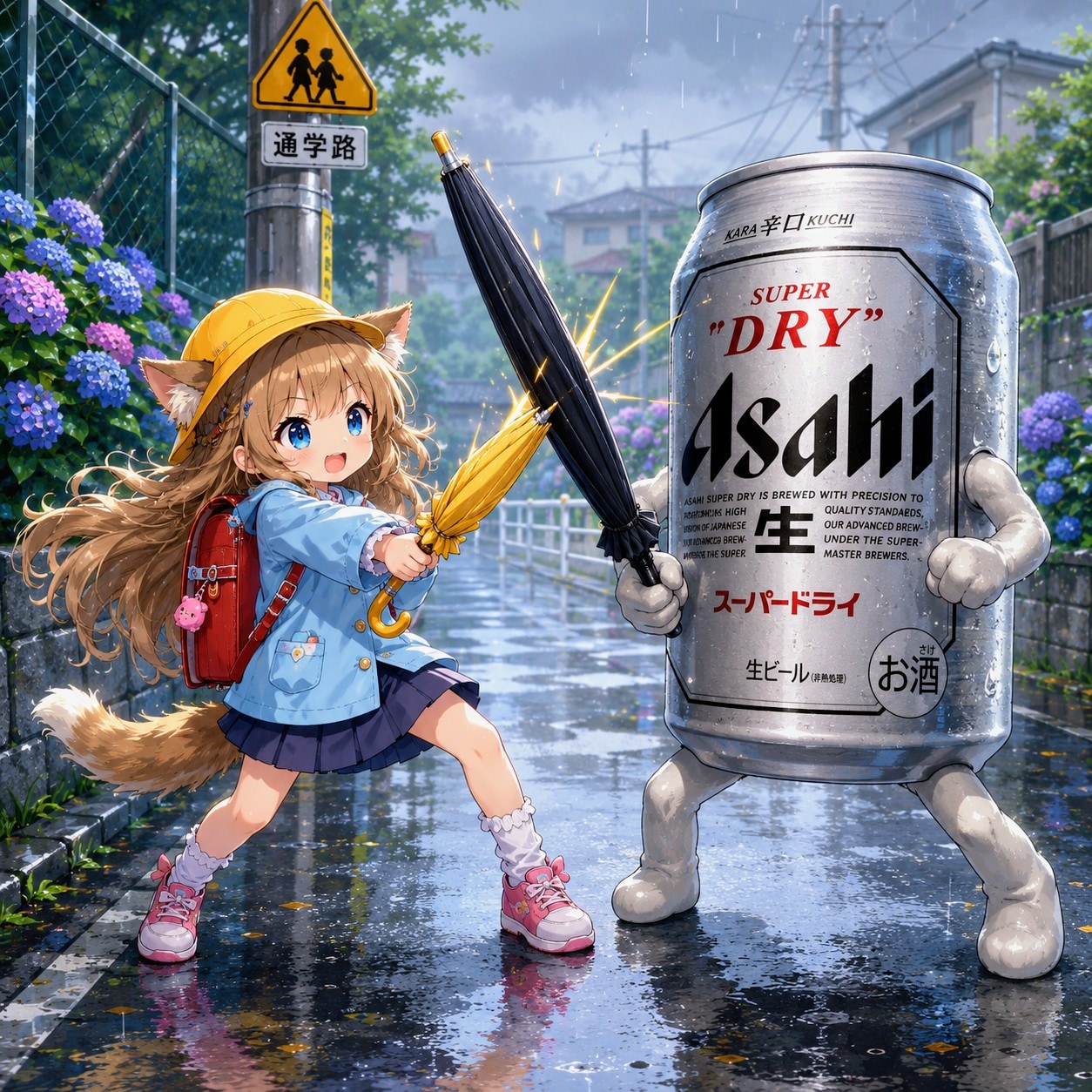 傘でチャンバラする小さな女の子