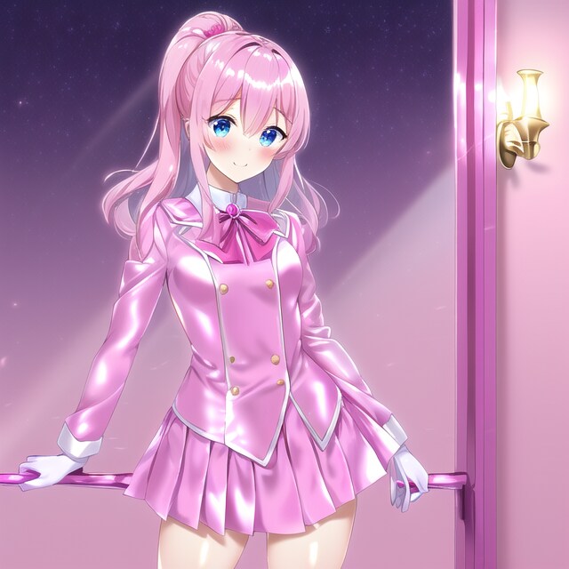 ピンクの制服姿の女学生達