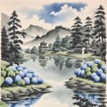 掛け軸風『湖と紫陽花』 2枚目