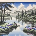 掛け軸風『湖と紫陽花』 7枚目
