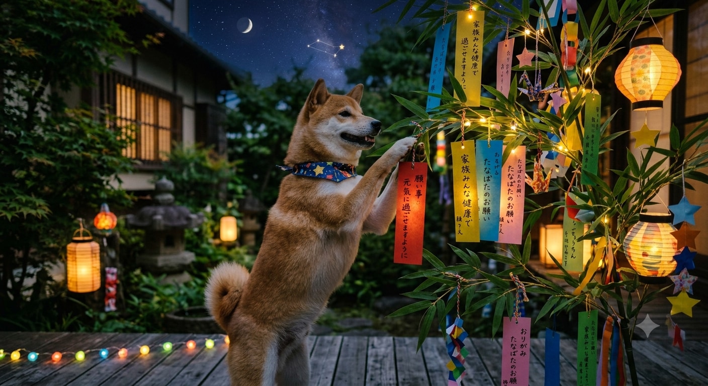 短冊を飾る柴犬