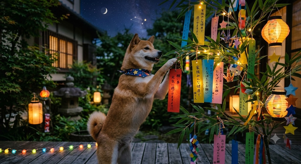短冊を飾る柴犬