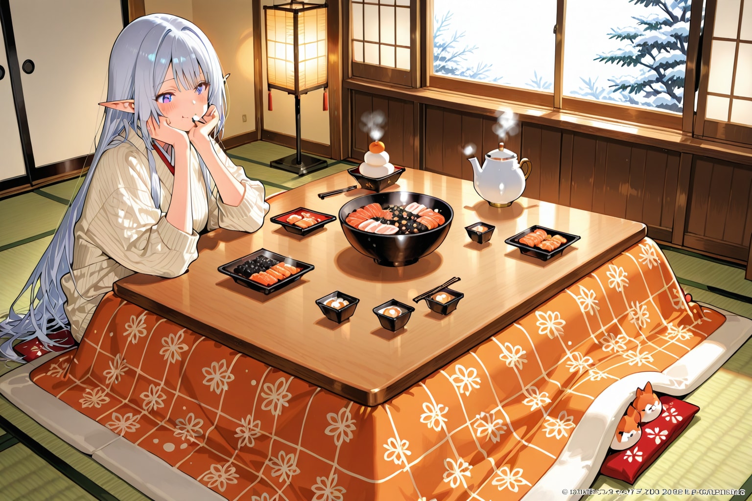 おせち？と食べるエルフの女の子 | の人気AIイラスト・グラビア