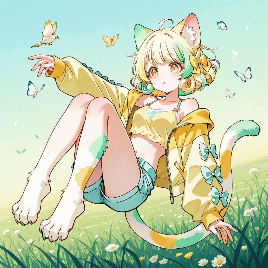 蝶と鳥のキメラというレアな組み合わせの魔法生物を懐かせるのに成功したパステルカラー系女子