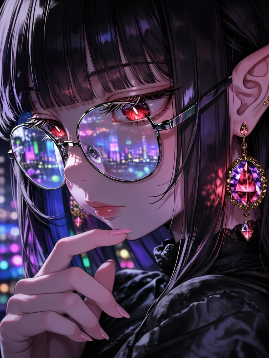 ネオンの街に佇むエルフの女の子