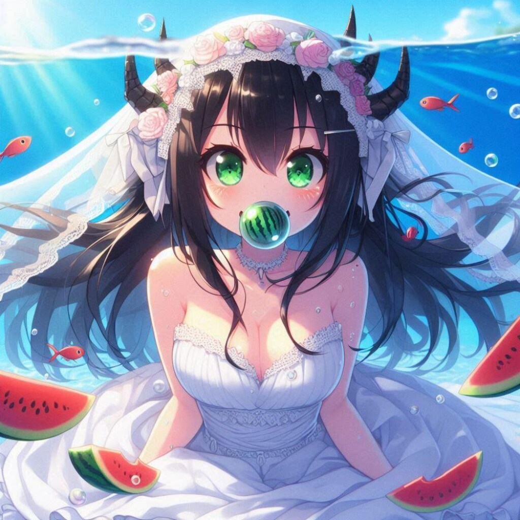 例のプールでスイカと泳ぐ花嫁水着モン娘人魚コスプレ人妻