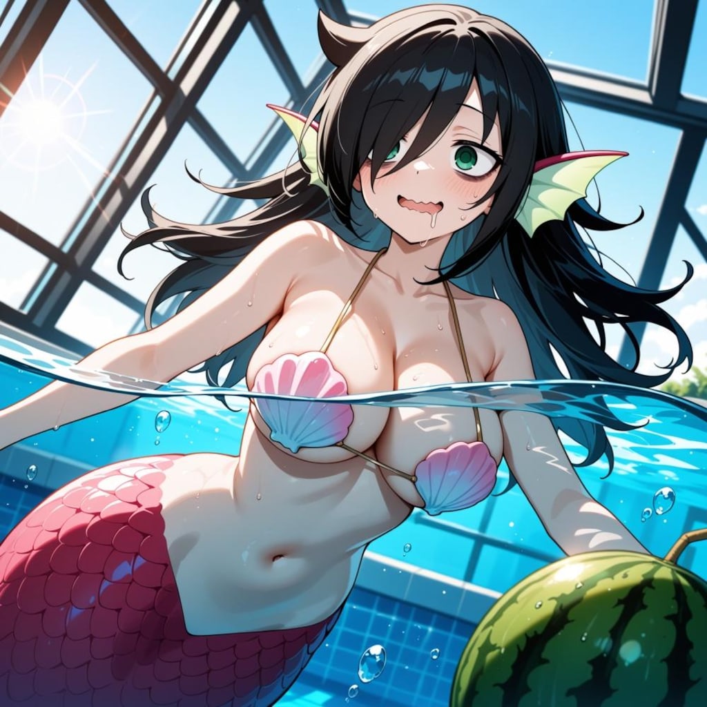 例のプールでスイカと泳ぐ花嫁水着モン娘人魚コスプレ人妻