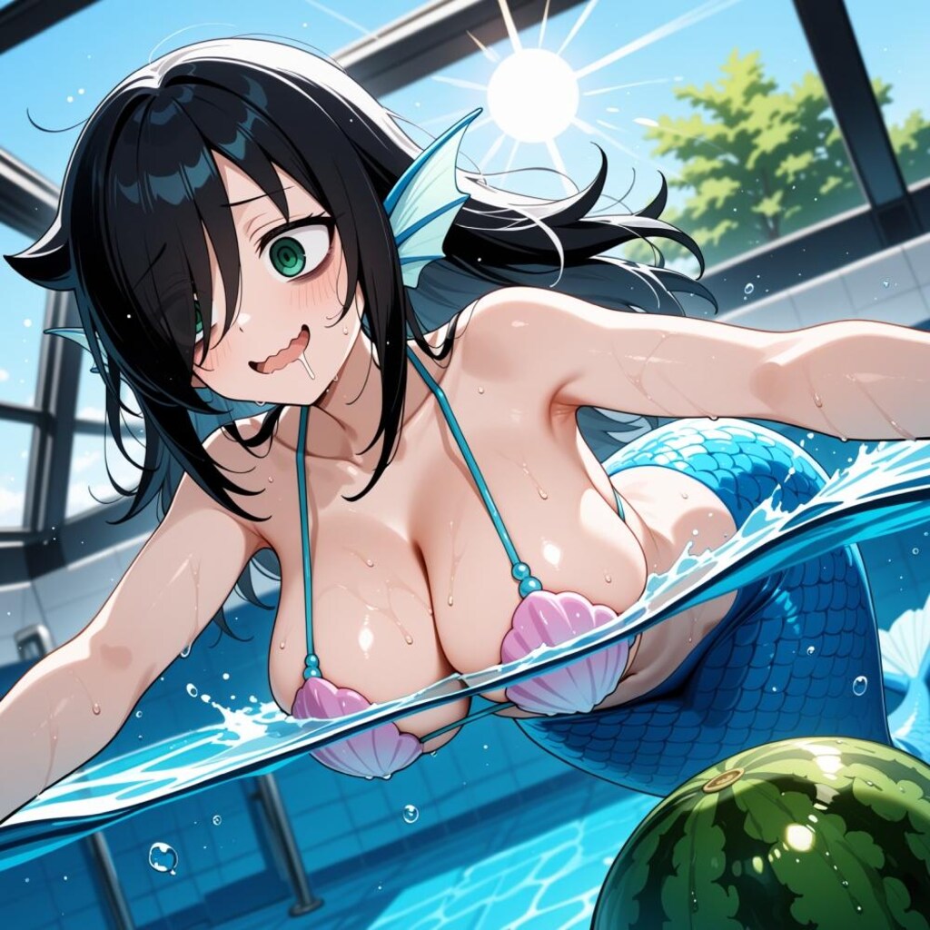 例のプールでスイカと泳ぐ花嫁水着モン娘人魚コスプレ人妻