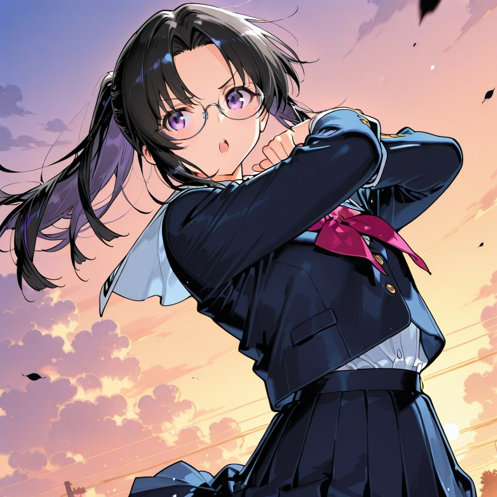 夕焼けと謎のポーズの楓ちゃん