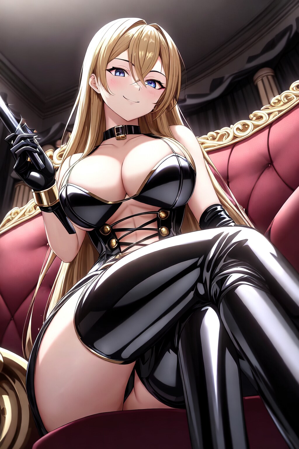 金髪ロング黒ボンデージ女王様ちゃんローアングル HolaraAI