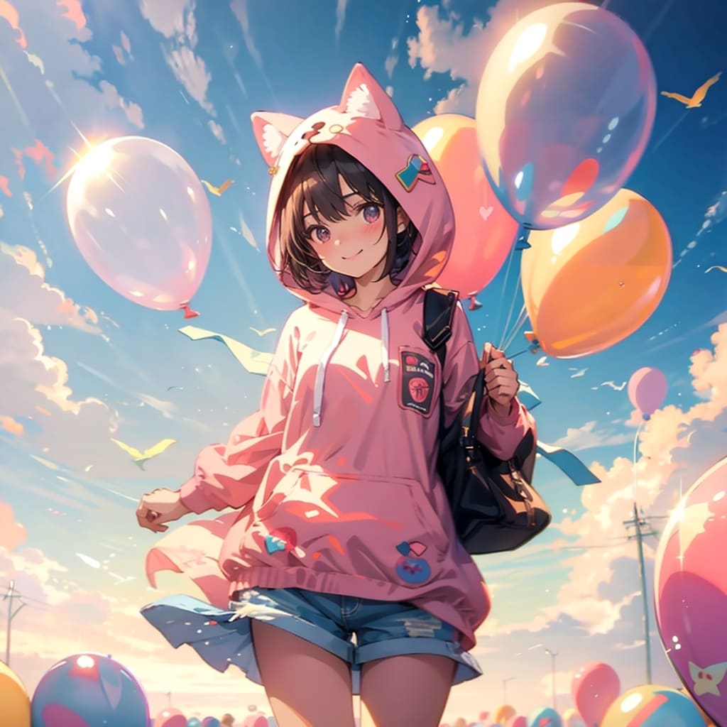 いっぱい色とりどりの風船を持つショートカットの猫の着ぐるみ着た美少女