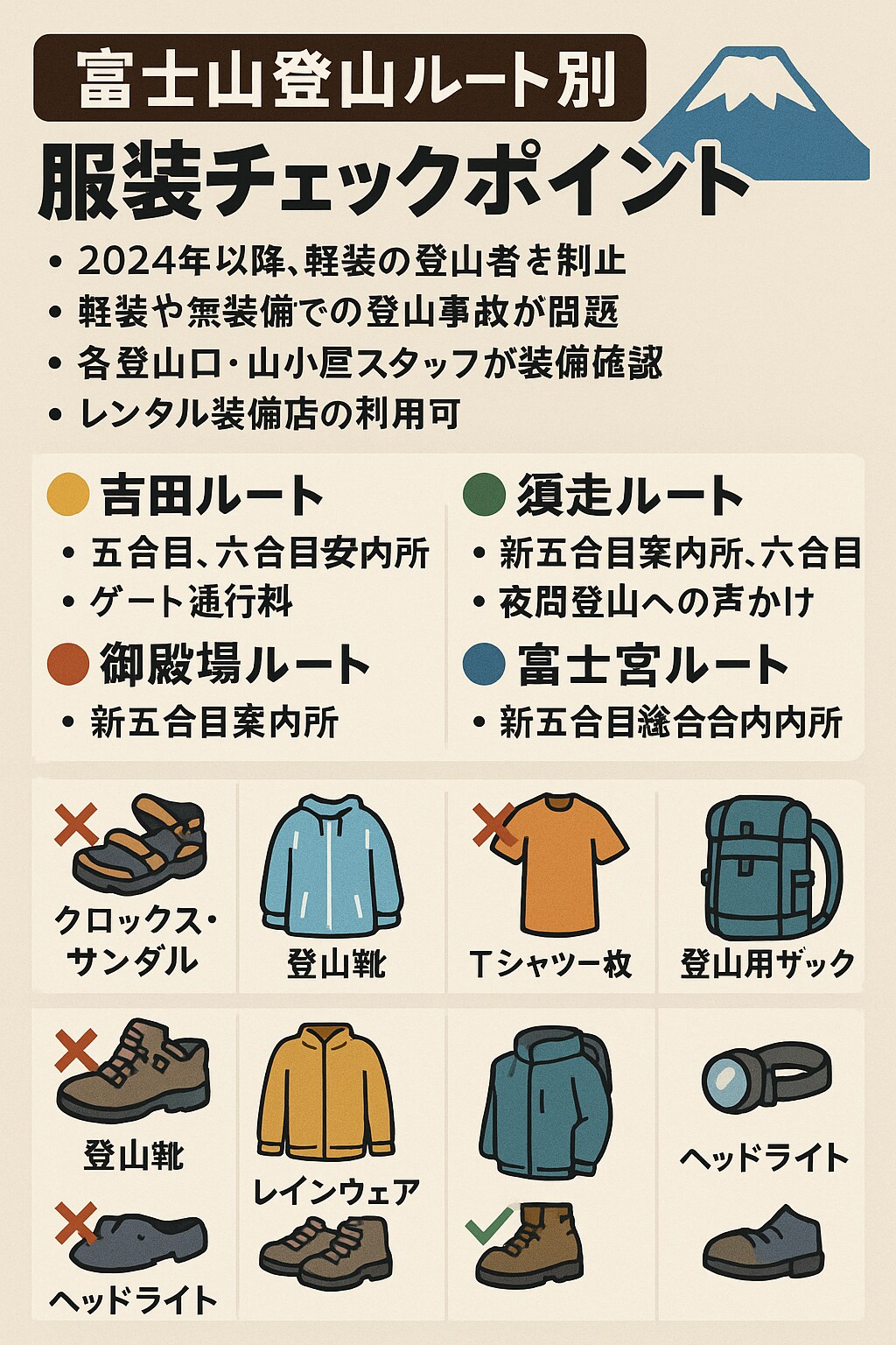 カッパ娘の富士山入山チェック：こちらが推奨装備