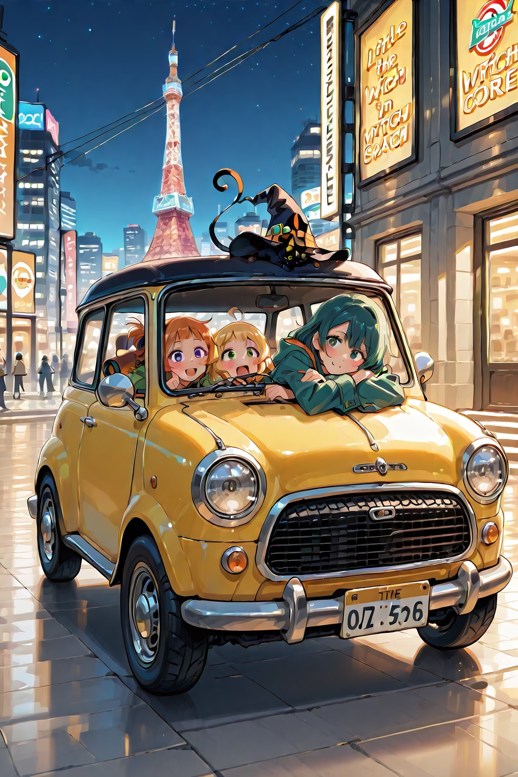 黄色い車とネオン街