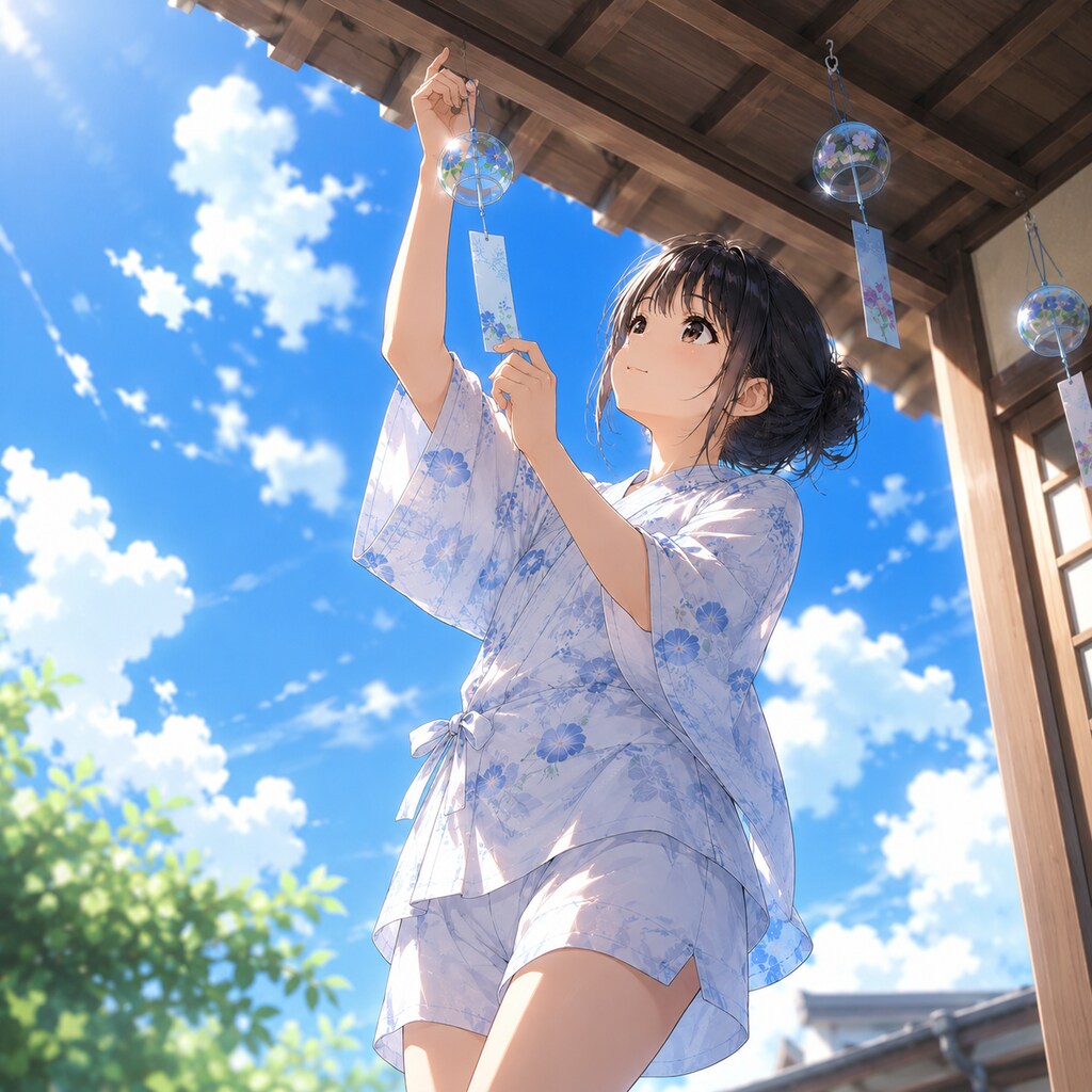風鈴をつる少女