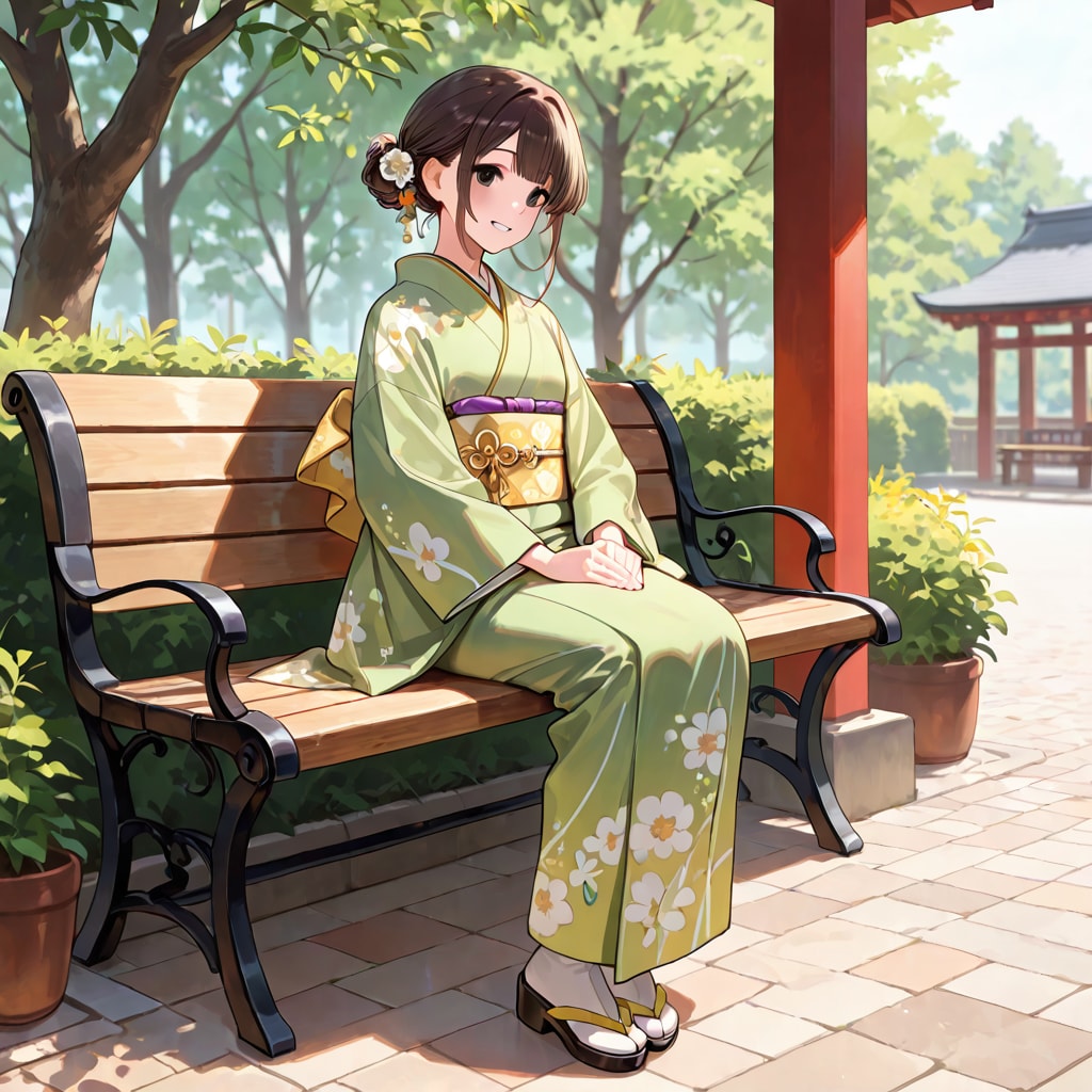 ベンチで佇む着物お姉さん