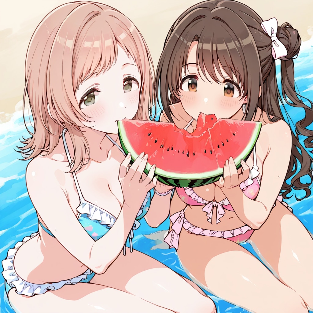 浜辺で西瓜を食べている島村卯月と櫻木真乃