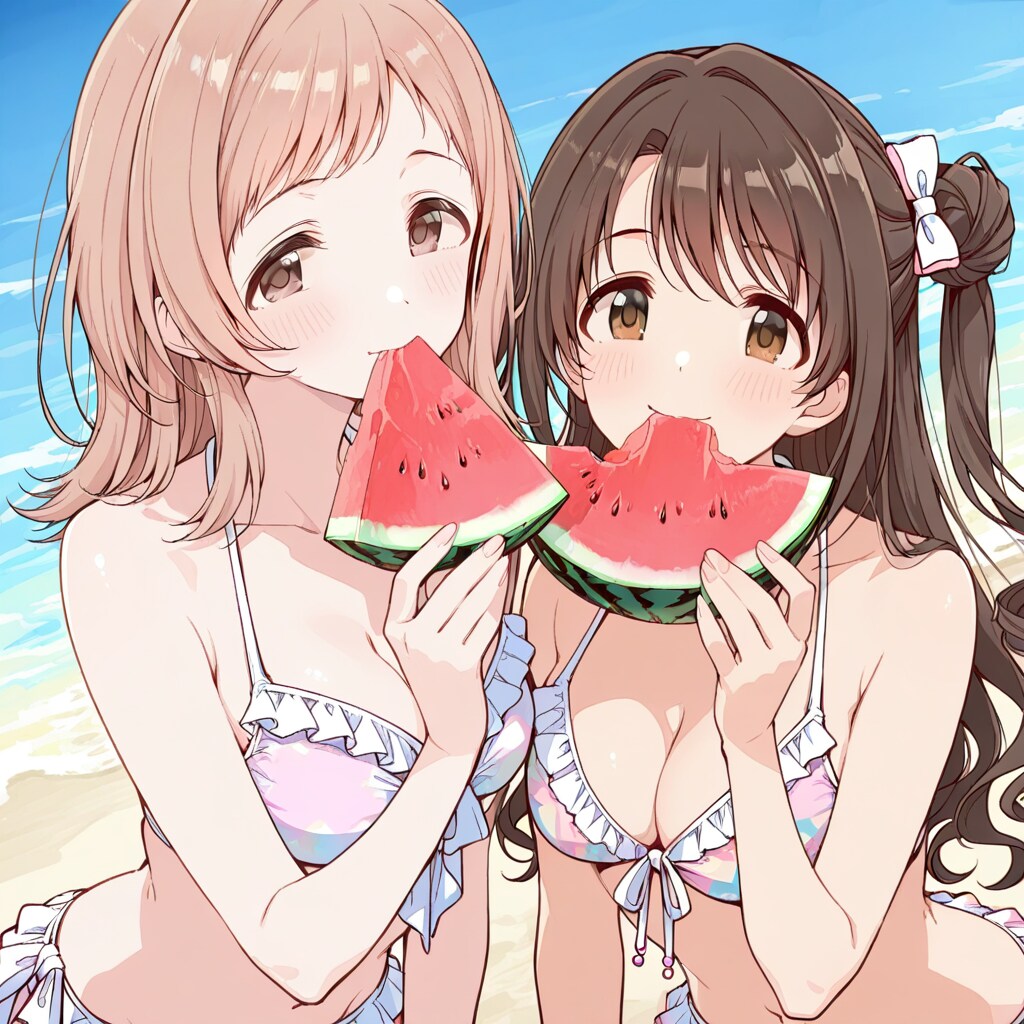 浜辺で西瓜を食べている島村卯月と櫻木真乃