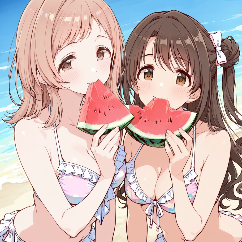浜辺で西瓜を食べている島村卯月と櫻木真乃