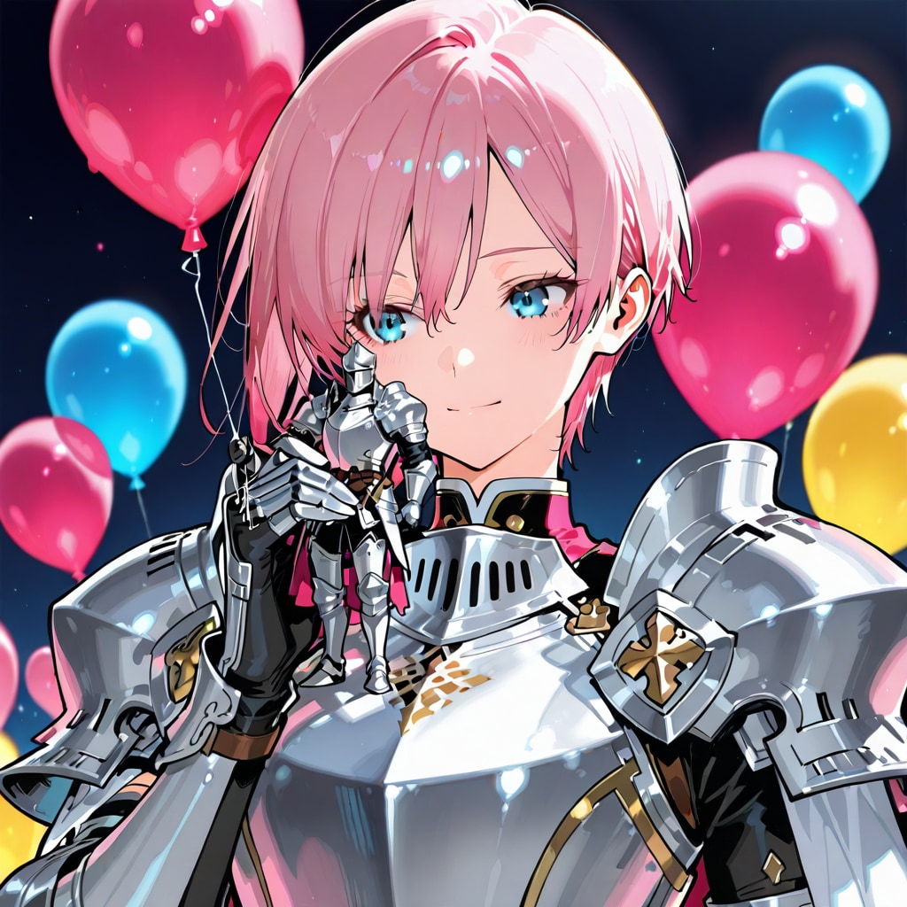 色とりどりの風船を持つピンク髪ショートカットの騎士の美女 | の人気AIイラスト・グラビア