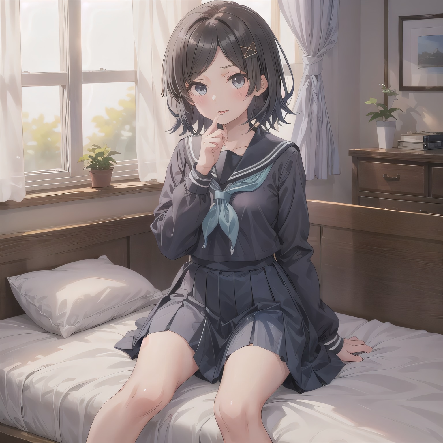 黒髪ボブで寝室の少女９ | の人気AIイラスト・グラビア