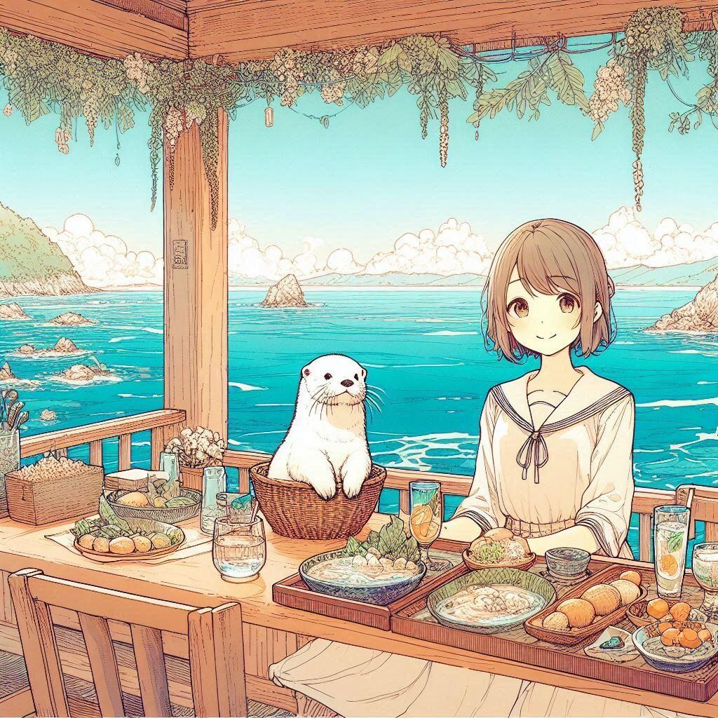 海の見えるレストランと白ラッコ