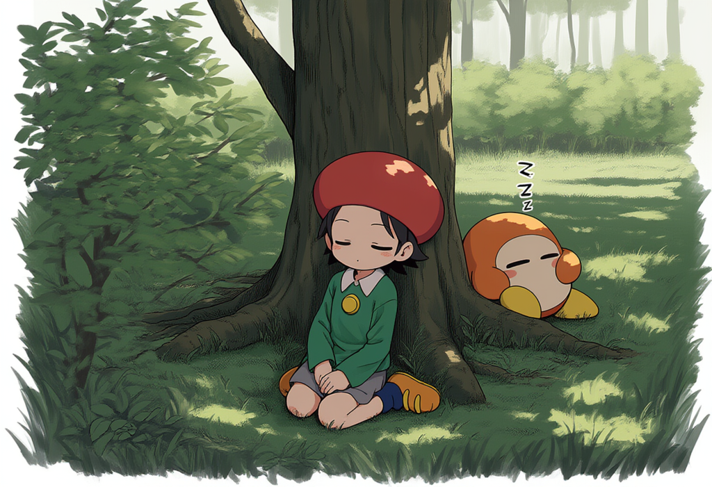 V4フル版　カービィ　アドレーヌ　ワドルディ　木の下でスヤスヤ