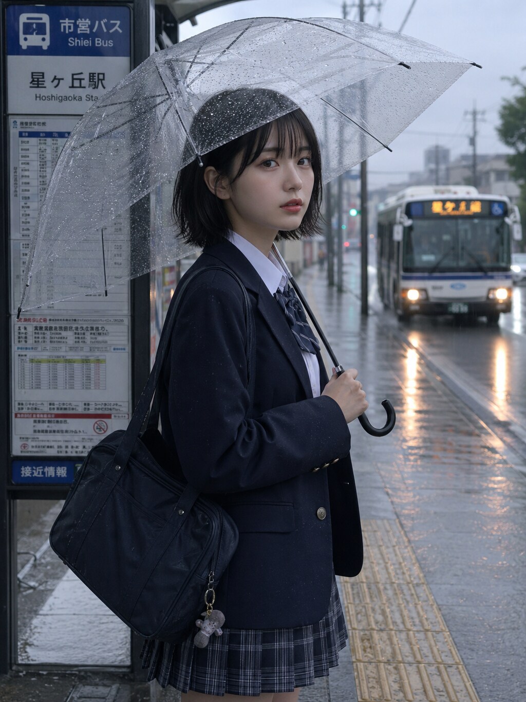 雨のバスストップ