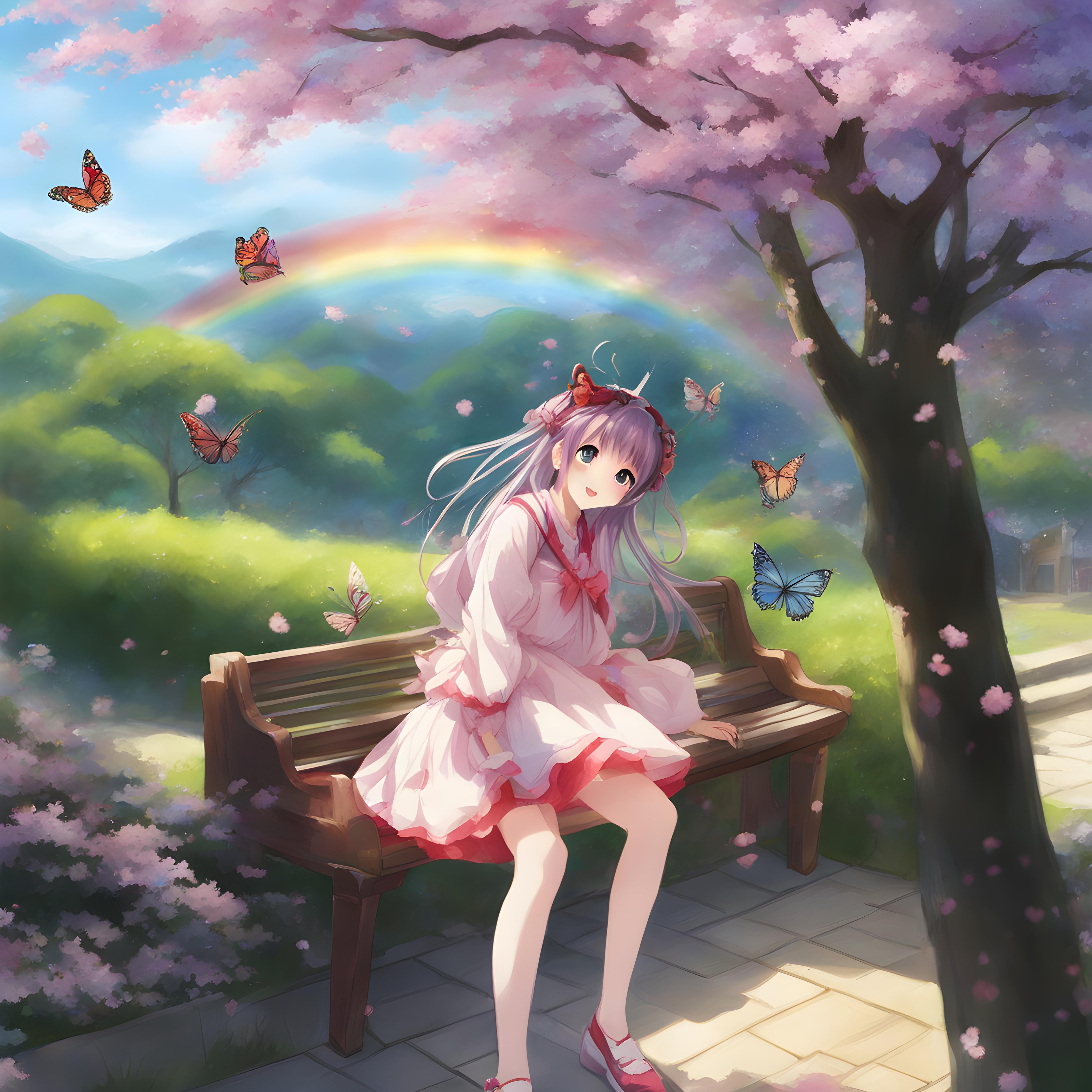 Spring fantasy, rainbow butterfly and girl【春の幻想、蝶と少女】