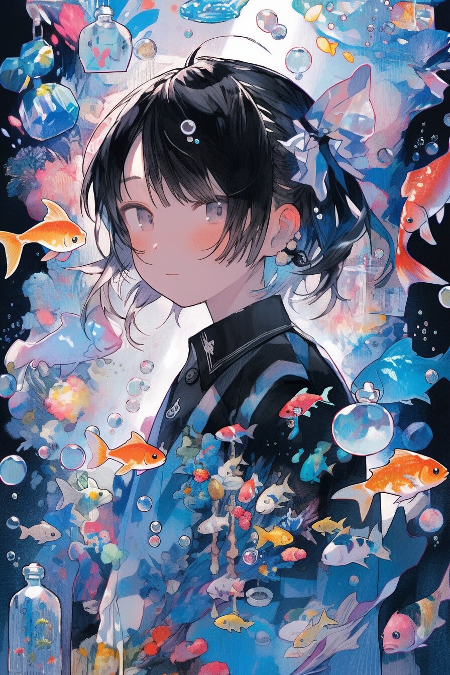 お魚に囲まれる姉さん