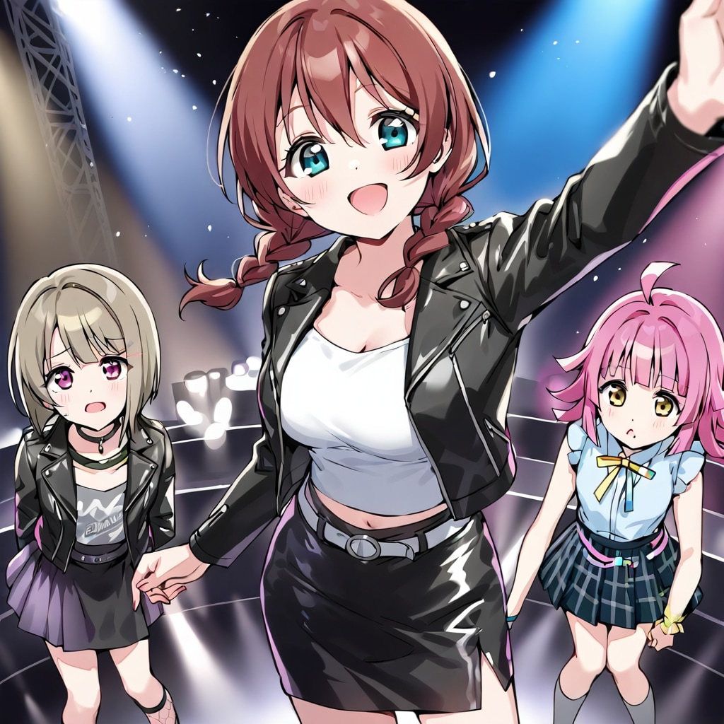 クォーツ(虹ヶ咲のユニット)の中須かすみ＆近江彼方＆エマ・ヴェルデ＆天王寺璃奈のレザー衣装のライブ