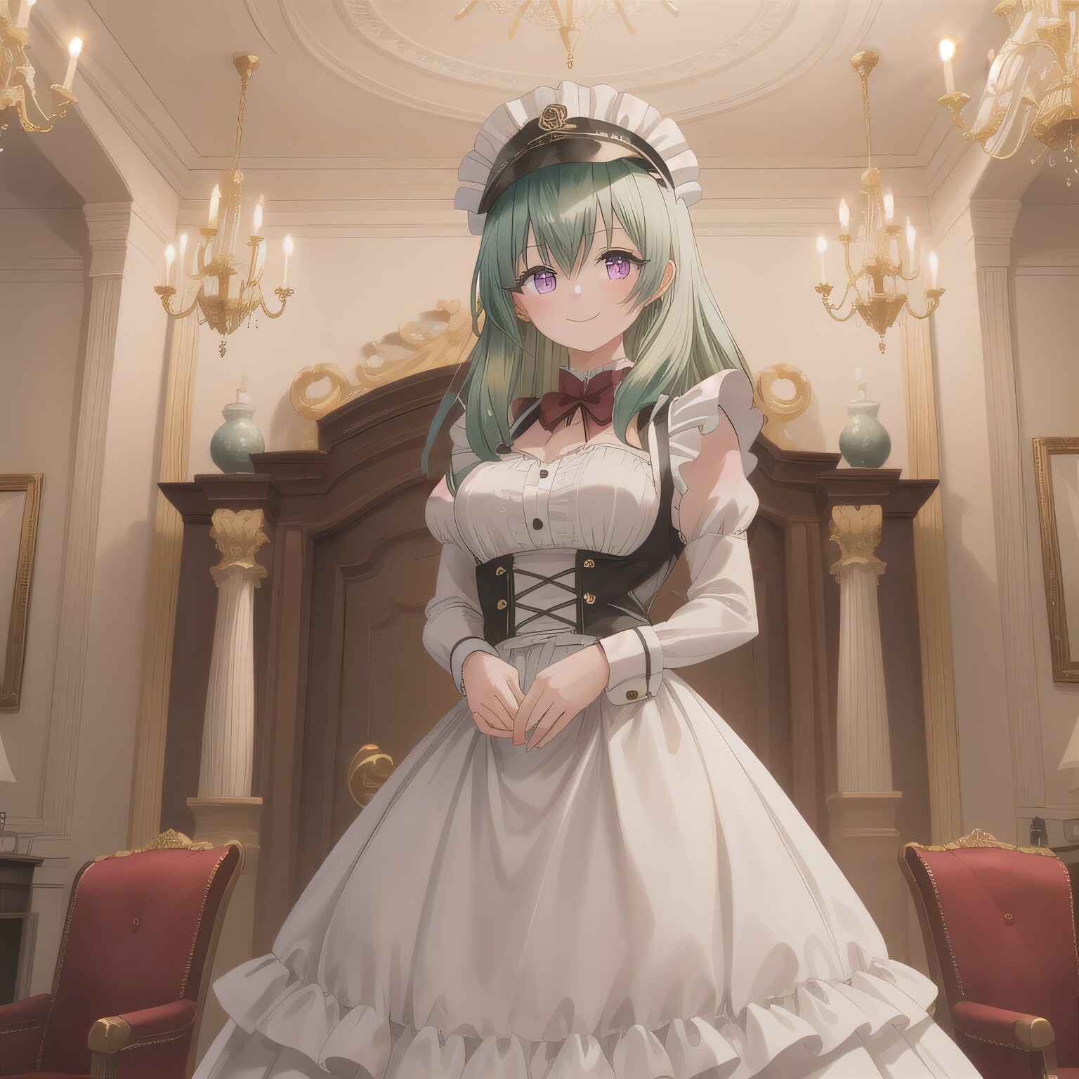 緑髪ロングでメイド服の少女 | の人気AIイラスト・グラビア